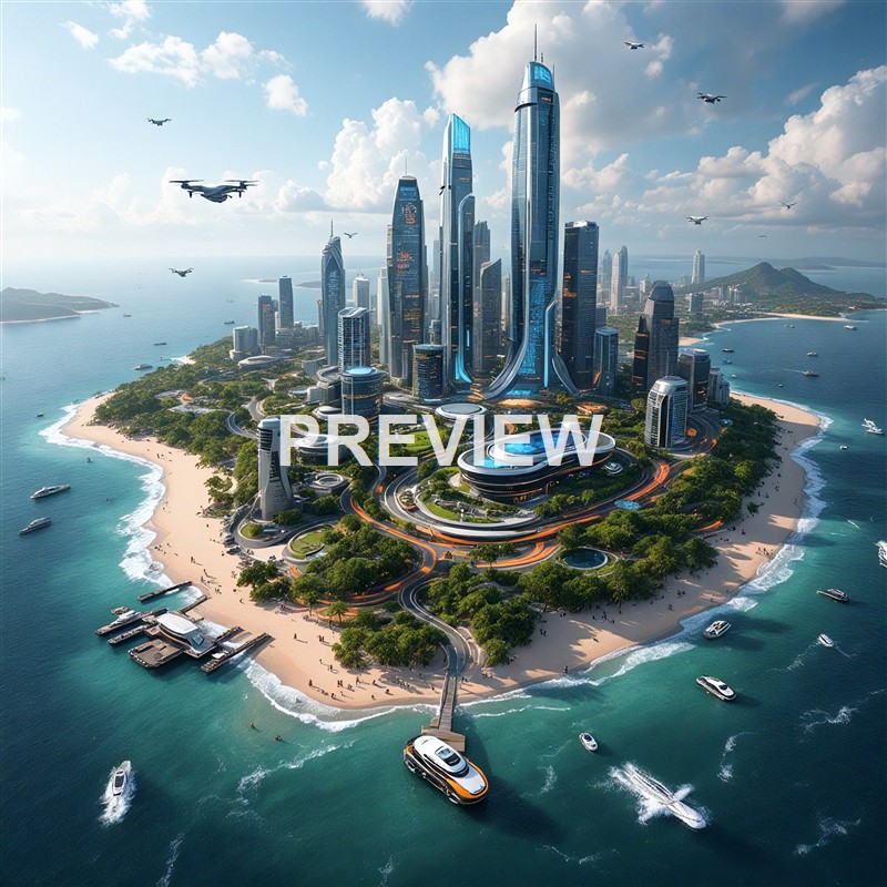 A futuristic cityscape with tall, sleek skyscrapers surrounded by water, with numerous boats and aircraft flying overhead, featuring lush greenery and modern infrastructure.